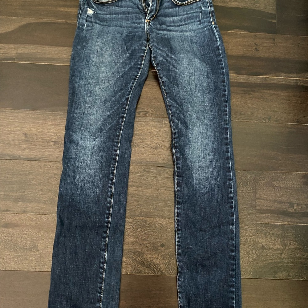 Abercrombie & Fitch small jeans, dark blue, lightly distressed, straight legged